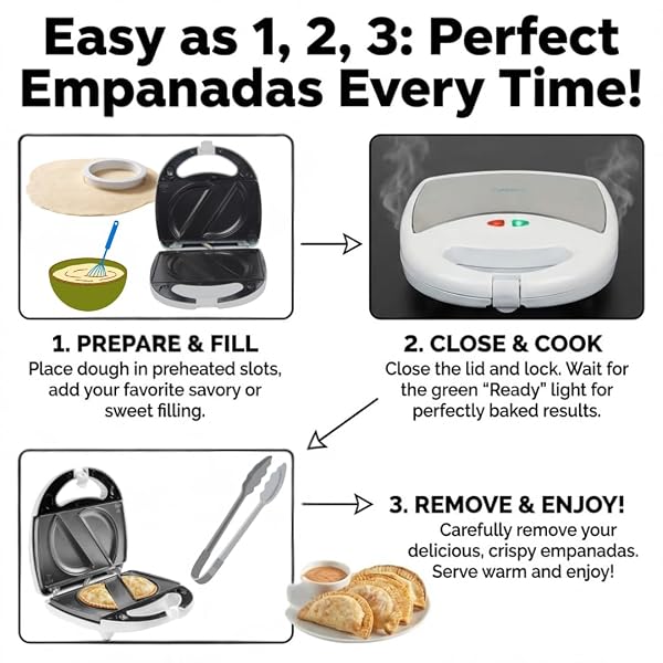 ELECTRIC EMPANADA MAKER MACHINE W DOUGH CUTTER & NONSTICK PLATES- EASIER THAN PRESS & MOLDS- HOMEMADE LATIN TURNOVERS, HAND PIES, DUMPLINGS, STUFFED PASTRIES W BONUS CHURRO PLATES, MAKE DESSERT & APPS