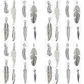 Sailanzi 160pcs Ancient Silver Feather Set Pendant Jewelry Making DIY Keychain Earrings Pendant Various Design Charms for Jewelry Making Bracelets Necklace (SN679)