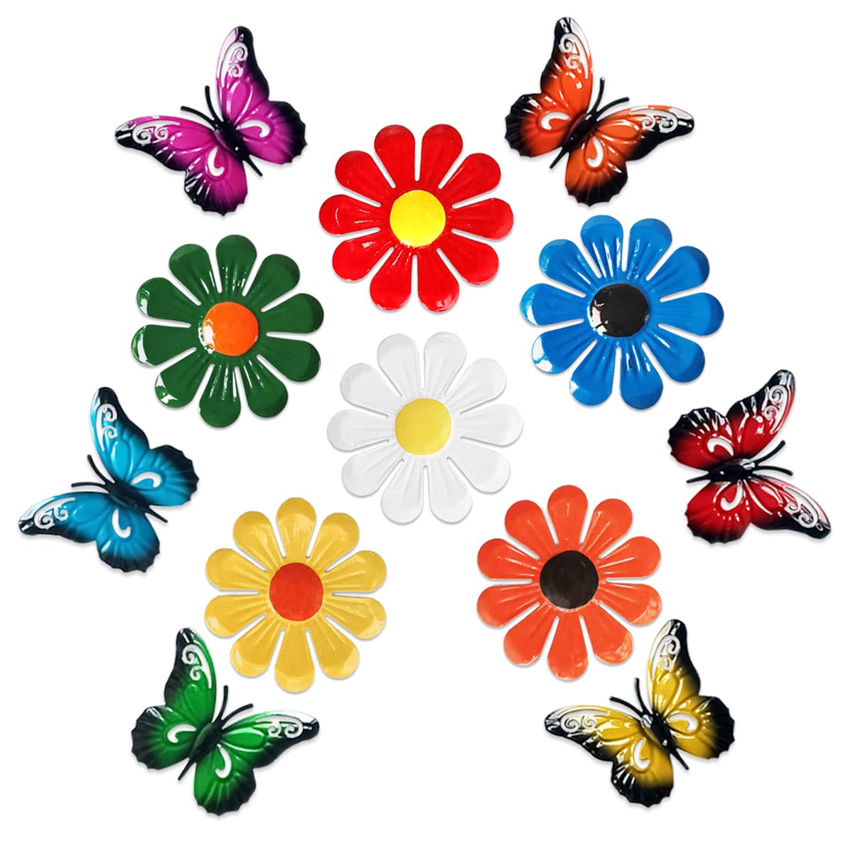 Tsilin 12 Pcs Garden Decor Including 6 Pcs Metal Flowers Sunflower 6 Pcs Metal Butterflies Wall Art Decor Daisy Hanging Ornament for Outdoor Backyard Fence Decor Indoor Living Room