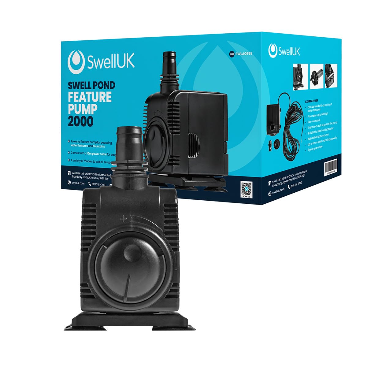 Swell Water Feature Pump 2000lph for Water Features and Displays. Fully Submersible and Adjustable Flow Dial with 2 Year Guarantee