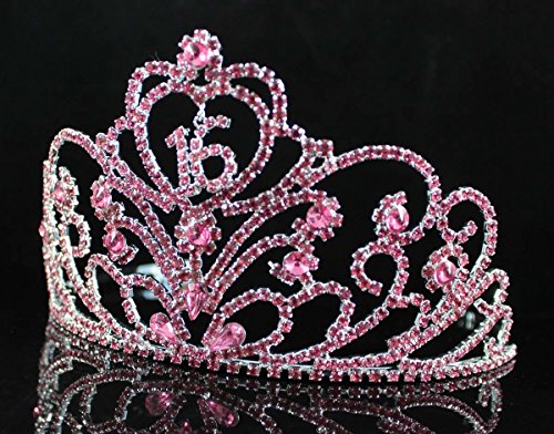 Janefashions Sweet Sixteen 16 Birthday Party Rhinestone Tiara Crown w/ Hair Combs T1863p Pink