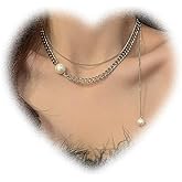 W WEILIRIAN Layered Pearl Necklace Chain Pearl Drop Chain Necklace Silver Pearl Bead Necklace Choker Cuban Link Necklace Chain Jewelry for Women and Girls Gifts
