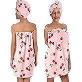Women's Cherry Print Towel Wrap and Hair Drying Cap Set – Cute Pink Microfiber Shower Wrap with Adjustable Closure – Quick Dry Spa, Dorm, Beach Gift for Her