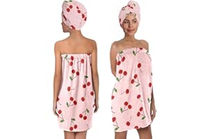 QIULIBMH Women's Cherry Print Towel Wrap and Hair Drying Cap Set – Cute Pink Microfiber Shower Wrap with Adjustable Closure – Quick Dry Spa, Dorm, Beach Gift for Her