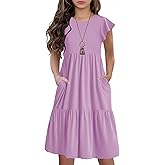 HOSIKA Girls Summer Ruffle Short Sleeve Crew Neck Loose Casual Flowy Tiered Short Dress with Pockets for 6-12 Y