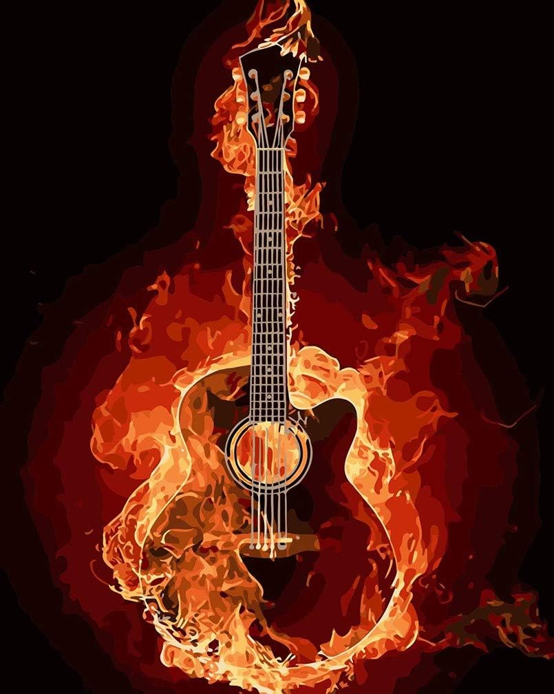 Awesocrafts Paint by Numbers Kits, Fire Guitar Music Number Painting for Adults and Kids 16x20 inch (Guitar, Framed)