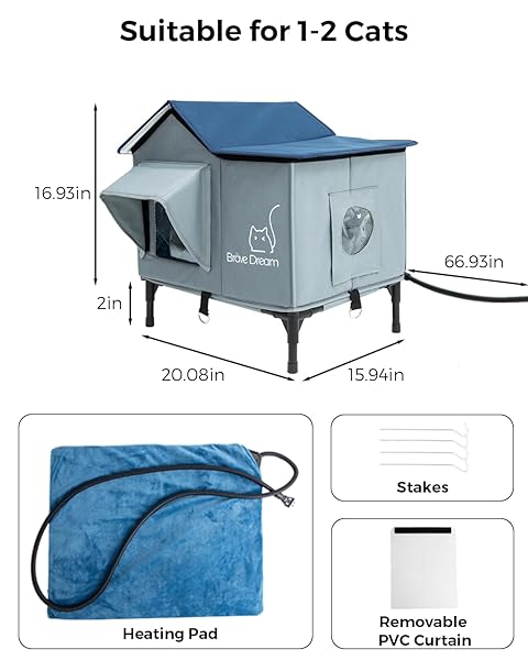 BRAVEDREAM LARGE CAT HOUSE WITH HEATING PAD, INSULATED WEATHERPROOF CAT HOUSE FOR FERAL CATS, ESCAPE DOOR, ELEVATED, CLAWSABLE, FOLDABLE, OUTDOOR HEATED PET HOUSE FOR WINTER, GARDEN, PATIO, BACKYARD