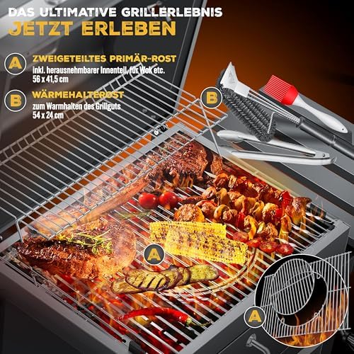 ® Grill Grillwagen BBQ Smoker XL Holzkohlegrill mit Deckel, Rädern, Edelstahl-Griff, Grillrost, Thermometer, & Silikon-Pinsel, Standgrill, Kohlegrillwagen