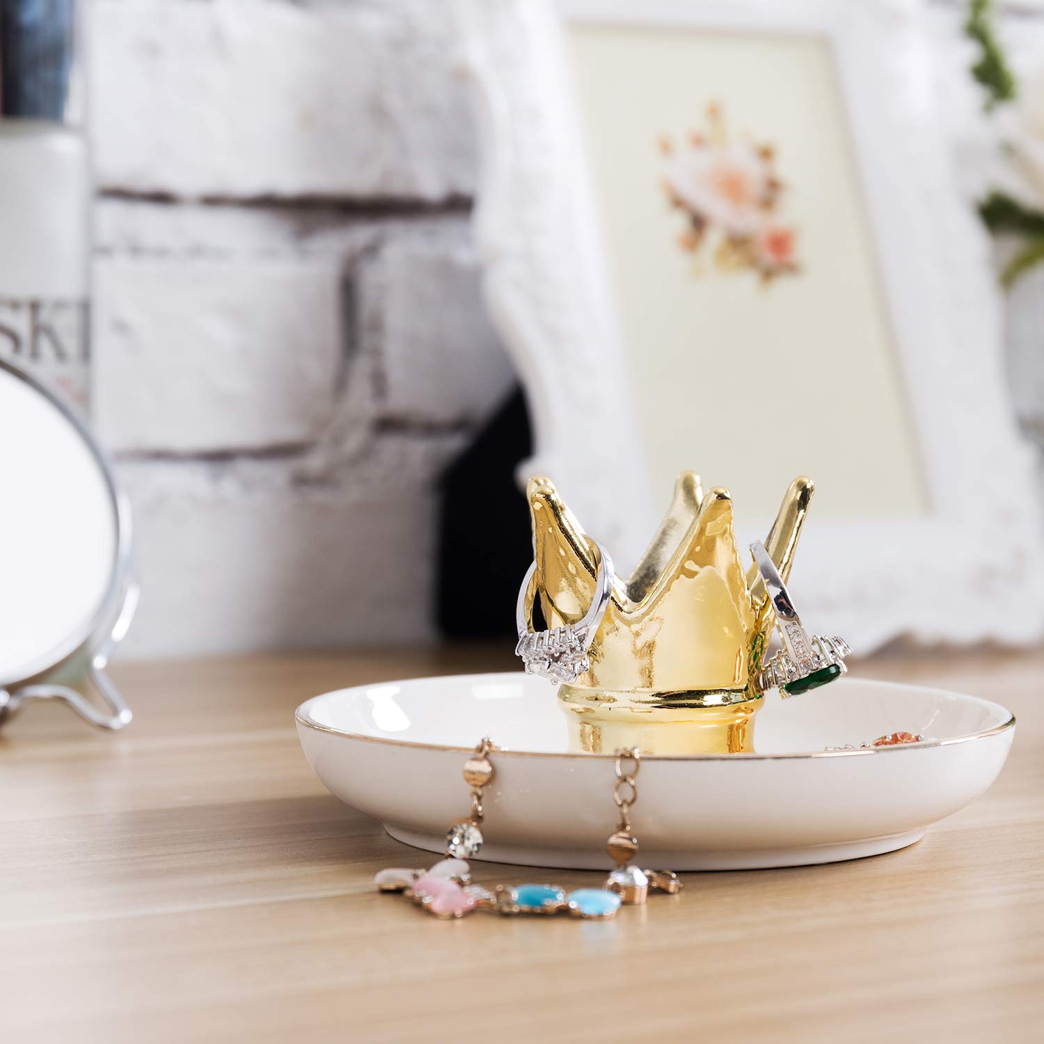 Mygift White Ceramic Ring Dish Mygift Ceramic Golden Crown Ring