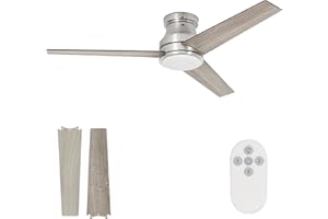 hykolity 52 inch Flush Mount Ceiling Fan with LED Lights(3000K/4000K/5000K) Remote Control, Noiseless Reversible Motor, Low Profile Ceiling Fan, 3 Speed, ETL, DOE, CEC Listed, Brushed Nickel
