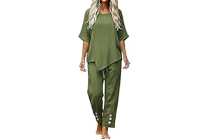 Womens Two Piece Outfits Summer Short Sleeve Crewneck Tops Straight Pants Matching Lounge Sets Cotton Linen Set Trendy 2026
