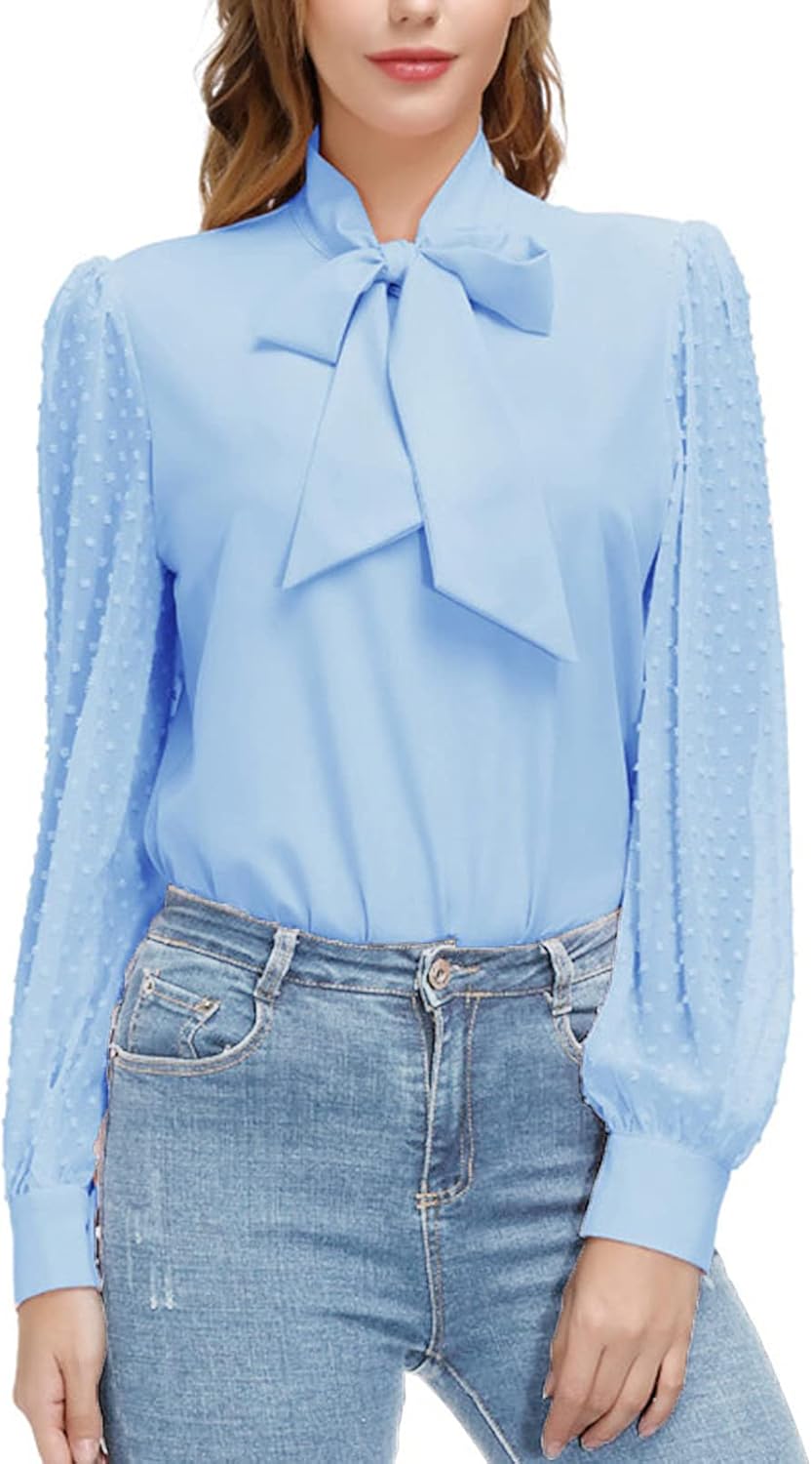 Kate Kasin Womens Bow Tie Long Sleeve Blouse Swiss Dot Shirts Office