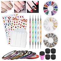 Etereauty Nail Art Kit Nail Sponges Dotting Pens French Stickers Striping Tapes Colored Acrylic Rhinestones Gold And Silver Metal Slices Nail Art Studs Set