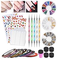 Etereauty Nail Art Kit Nail Sponges Dotting Pens French Stickers Striping Tapes Colored Acrylic Rhinestones Gold And Silver Metal Slices Nail Art Studs Set