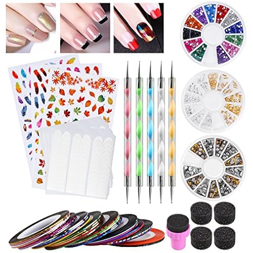 ETEREAUTY Nail Art Kit with 18 Tape Line Nail Stickers, 30 Rolls Striping Tape, 5 Dotting Pens, 3 Nail Art Stickers, Gradient Nails Sponges, Rhinestones Decoration