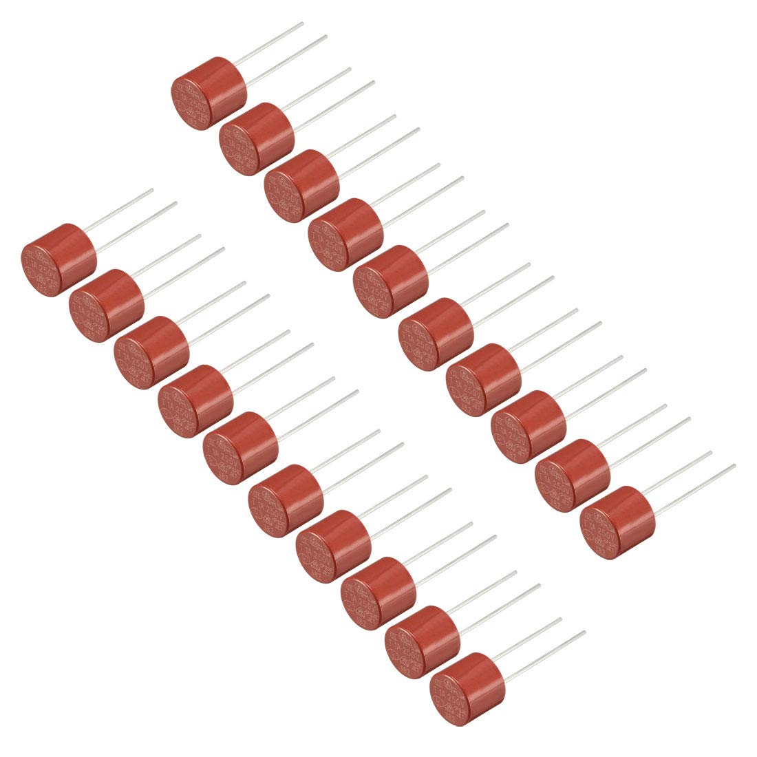 sourcing map 20Pcs DIP Mounted Miniature Cylinder Slow Blow Micro Fuse T1A 1A 250V Red