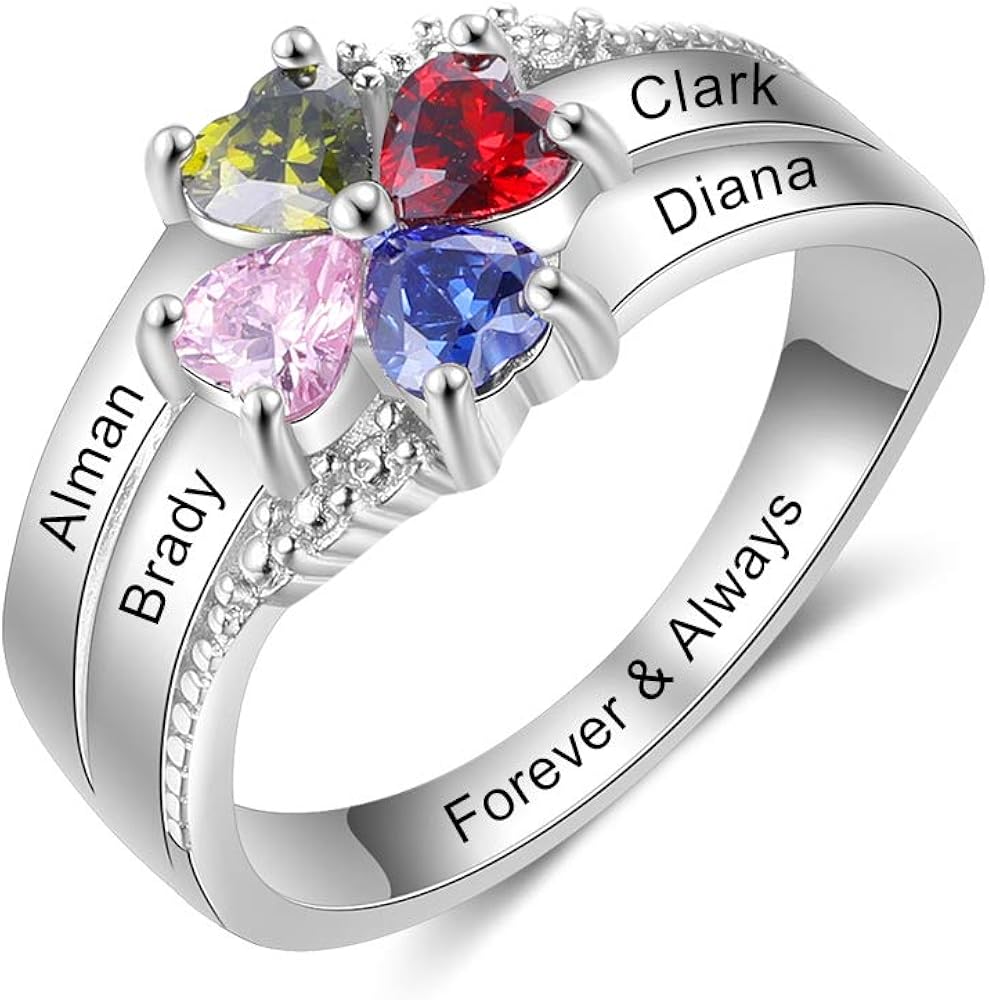 Personalized Mother Daughter Rings with 4 Simulated Birthstones Custom Names Women
