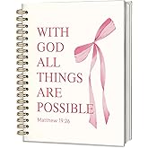 ICEWHITEY Pink Bible Journal for Women, A5 Spiral Christian Notebook & Study Supplies, Cute Hardcover Coquette Bow Diary with Scripture Matthew 19:26 for Church Notes, Prayer & Teen Girls,5.5 x 8.3 Inch
