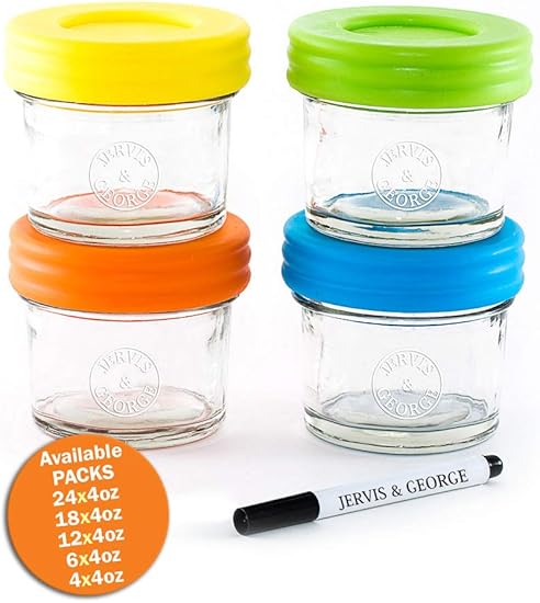 Glass Baby Food Storage Containers Set Contains 4 Small Reusable 4oz Jars With Airtight Lids Safely Freeze Your Homemade Baby Food Amazon Co Uk Kitchen Home