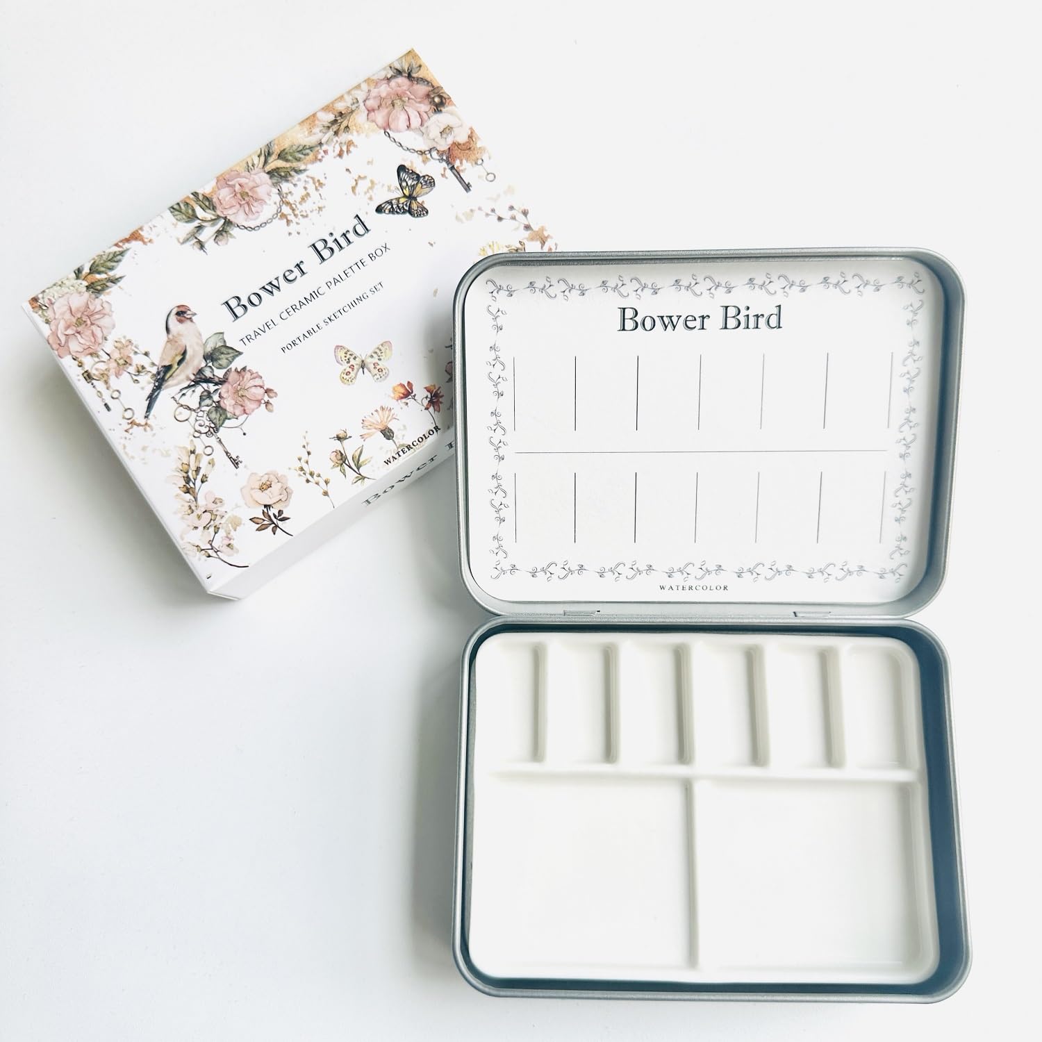 Photo 1 of Bower Bird Travel Watercolor Palette,Portable Ceramic Palette 6 Well,Empty Paint Palette,Small Travel Metal Paint Boxwith Porcelain Palette (6Well)