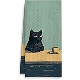 Fuasei Vintage Coffee Black Cat Kitchen Towels, Cat Lover Mom Lady Gifts Dish Tea Towels for Kitchen, Funny Black Kitten Hand Towel for Bathroom, 16x24 Inch