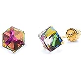 14k Yellow Gold Rectangle Rainbow CZ Stud Earrings with Screw Back - 2 Different Size Available