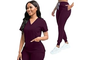 YEZEX Scrubs for Women Set, Women's V-Neck Top & Jogger Scrub Pants, Nursing Uniform Scrubs Set with 8 Pockets