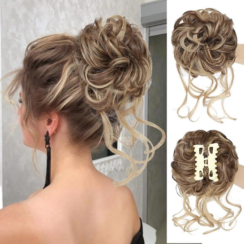 Claw Clip Messy Bun Hairpiece - Curly Wavy Hair Ponytail, Tousled Updo, Chignon Synthetic Extensions for Women Girls (#12H24)