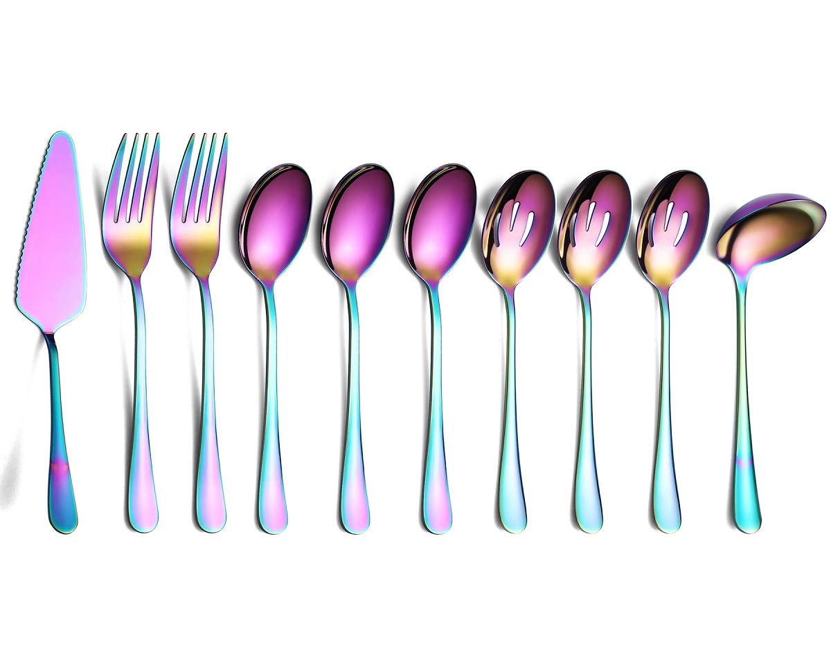 Rainbow 10-Piece Serving Flatware Set - Stainless Steel Silverware with Slotted Spoon, Cake Server, Fork, Soup Ladle