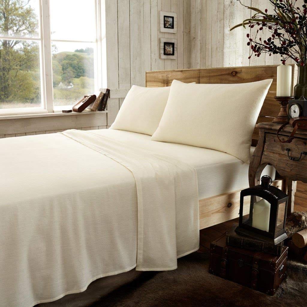 mFabrics Luxury Soft 100% Brushed Cotton Thermal Flannelette Extra Deep Fitted Sheet | Elasticated Corners | 40cm / 16" Deep Fitted Sheets (Cream, Pillowcase Pair)