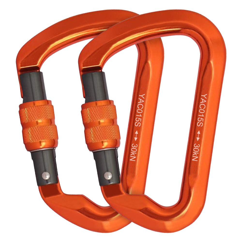 30KN Rock Climbing Carabiner, D-shaped Locking Screwgate Carabiner Heavy Duty Screw Lock Hook Hot-forged Magnalium Climber Hiking/Travel/Rappelling Mountaineer Karabiner Outdoor Sport Tools 2 Pack