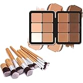 12 Colors Cream Concealer Foundation Palette & Makeup Brush Set, Long-Wearing Smudge Proof Blendable Full Coverage Cream Contour Blush Highlighter Color Correcting Concealer Foundation Palette Makeup