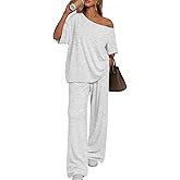 Trendy Queen Womens 2 Piece Lounge Sets Matching Comfy Outfits Clothing | Off Shoulder Oversized Tshirts &amp; Wide Leg Pants Outfits