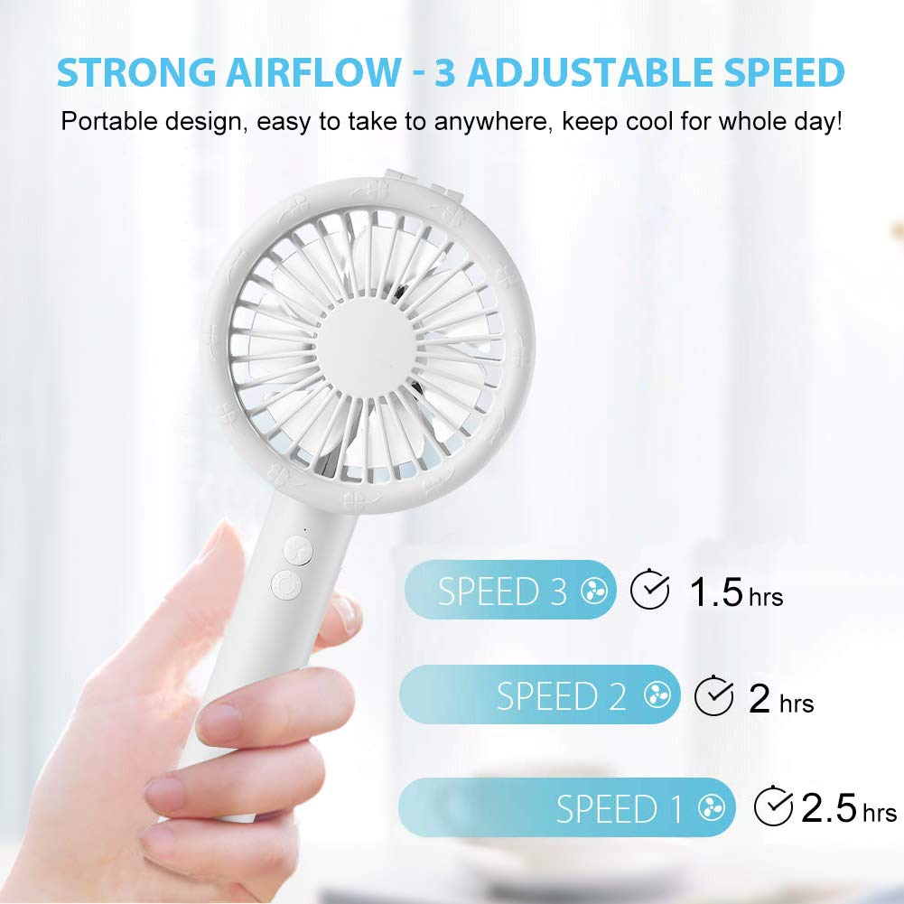 Mini Desk Fan Handheld Fan, Whisper Quiet Portable Personal USB Little Fan with Phone Holder, 7 Colourful LED Night Lights and Lamp, 1500mA Rechargeable Operated Battery, 3 Speeds Small Fan(White 08)