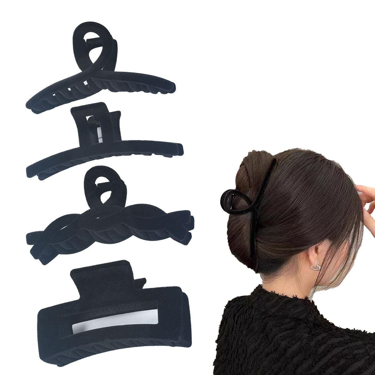 4Pack Large Hair Claw Clips for Thick Hair,Hair Claw Clips Ponytail Holder for Women, Velvet Hair Clips Set Clamps Grips,Fashion Hair Styling Accessories(Velvet Black)