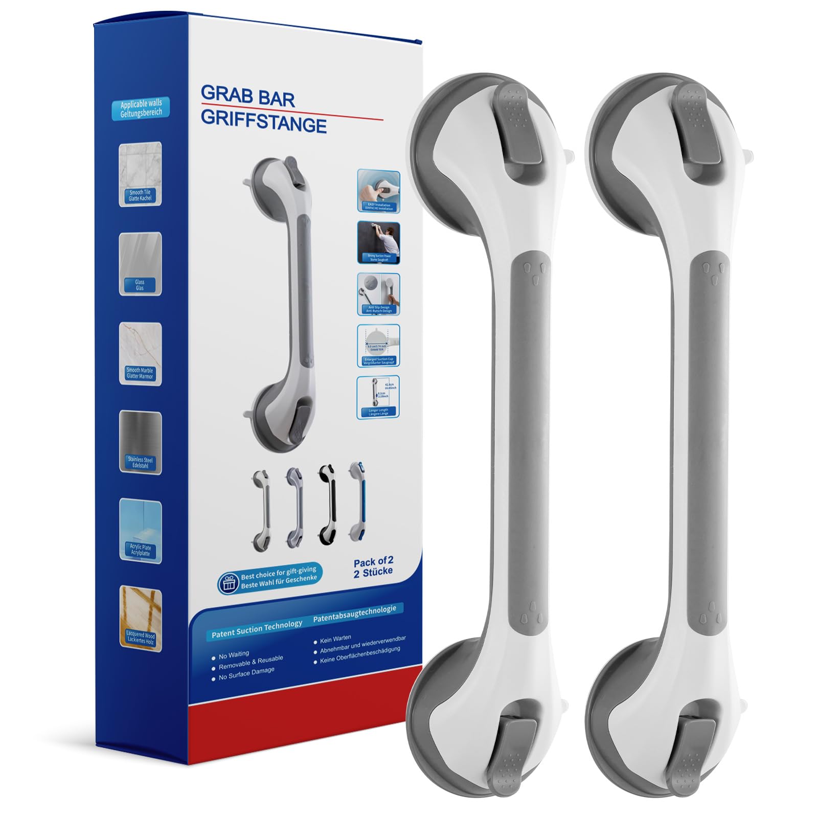 Photo 1 of TAILINK Grab Bars for Bathtubs and Showers 2 Pack Shower Handle, Heavy Duty Suction Grab Bar Bath Handrails for Seniors and Elderly, Bathroom Safety Grip No Drilling Waterproof Removable, Grey