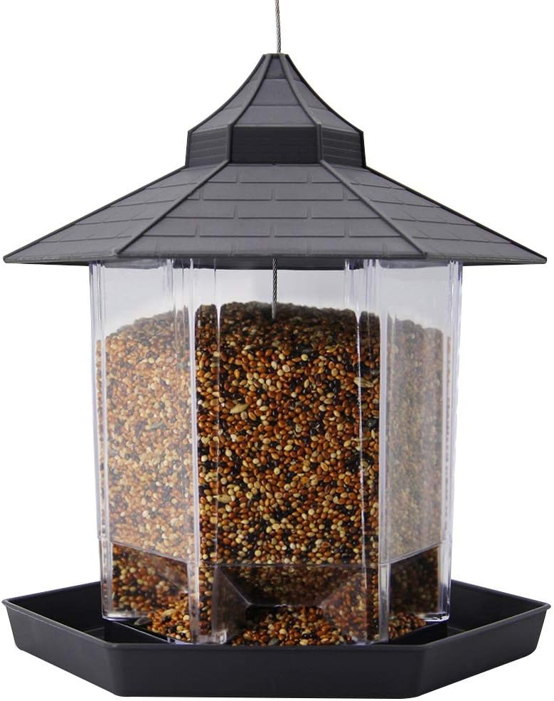 SAND MINE Panorama Bird Feeder, Hexagon Shaped with Roof Hanging Bird Feeder for Garden Yard Decoration (Grey) : Garden & Outdoor