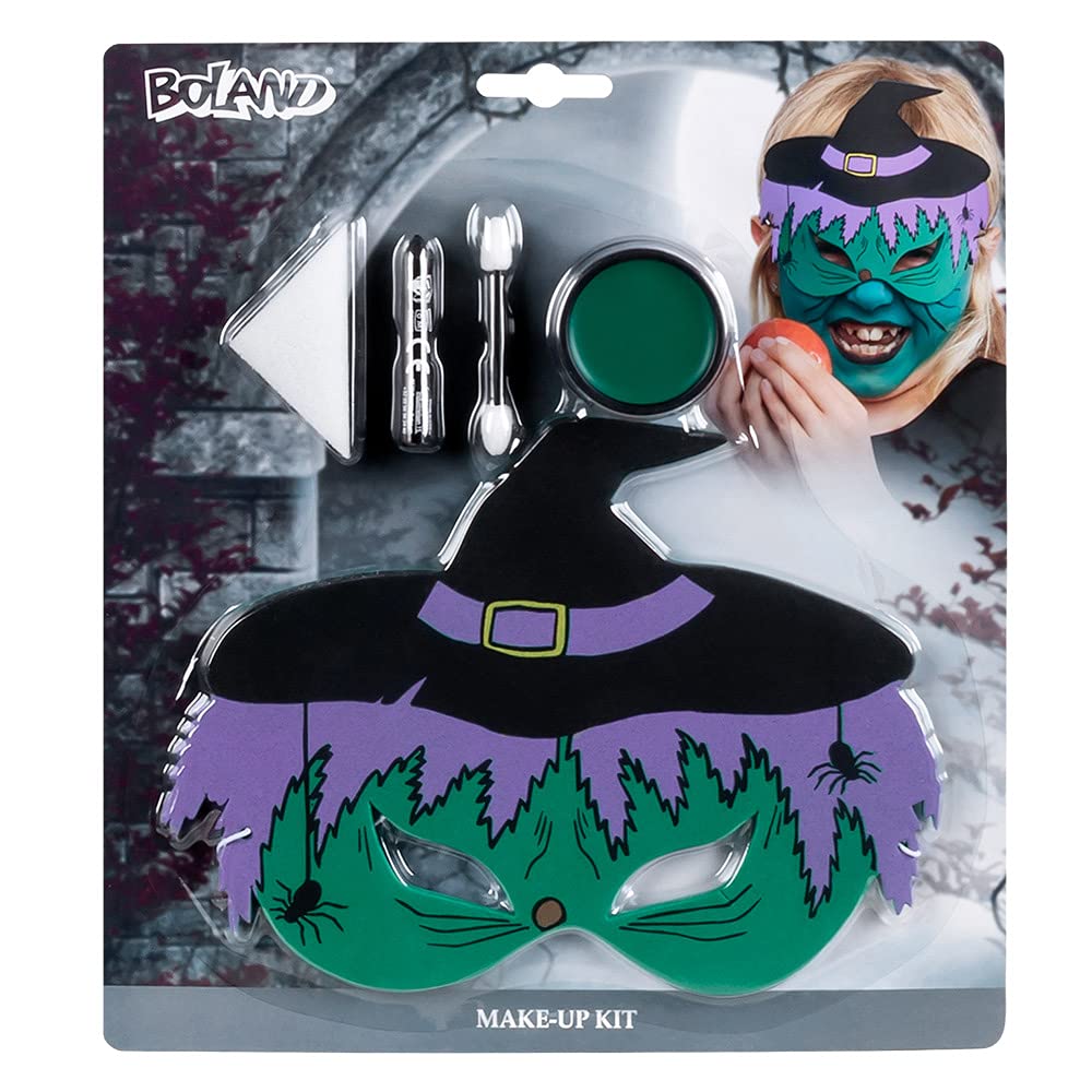 Boland 45097 Make-Up Set Little Witch (EVA Eye Mask, 1 Fat Make-Up, 1 Make-Up Pen, 1 Sponge and 1 Applicator), Unisex, Children, Multi-Colour, One Size