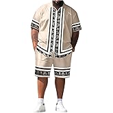 VIPWOLF Men's Big and Tall 2 Piece Outfits Short Sleeve Button Up Vintage Shirts and Elastic Waist Beach Shorts