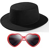 Fashion Classic Black Fedora Hats + Red Heart Sunglasses Costume Outfit - Flat Wide Brim Church Cap Jazz Hats, for Women and Men