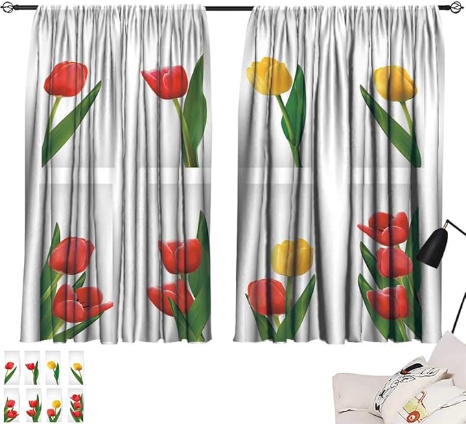 Badamadecor Floral Decor Curtains, Sets of Red Yellow Flowers with Green Leaves