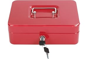 Sgorlds Large Locking Cash Box with Removable Coin Tray, Portable Safe Metal Money Box with Key Lock,Petty Money Organizer for Cash with Double Layer & 2 Keys, 9.84"x 7.87"x 3.54", Red Large