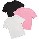 OYOANGLE Girl's 3 Piece Short Sleeve Tees Crew Neck Ribbed Knit Tee Shirts Basic Solid Crew Neck T-Shirt