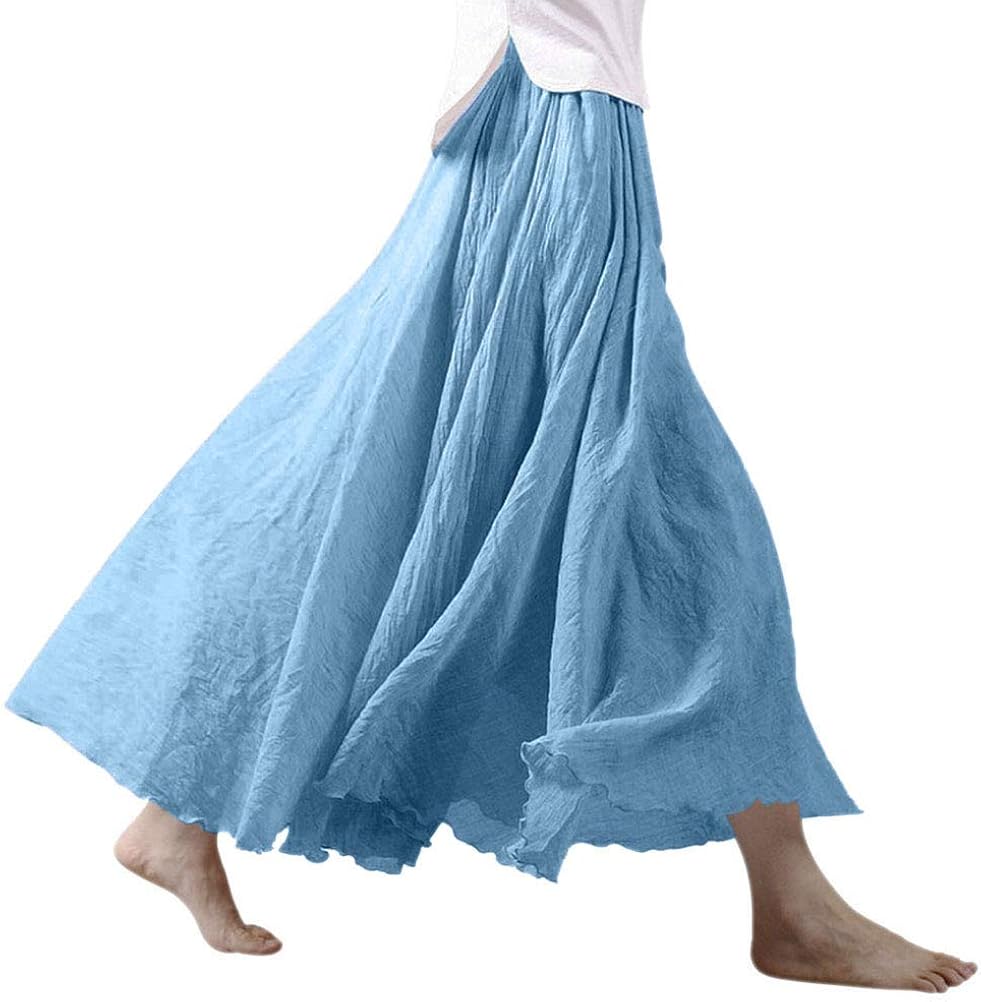 Ezcosplay Women Bohemian Cotton Linen Double Layer Elastic Waist Long Maxi Skirt at  Women’s Clothing store