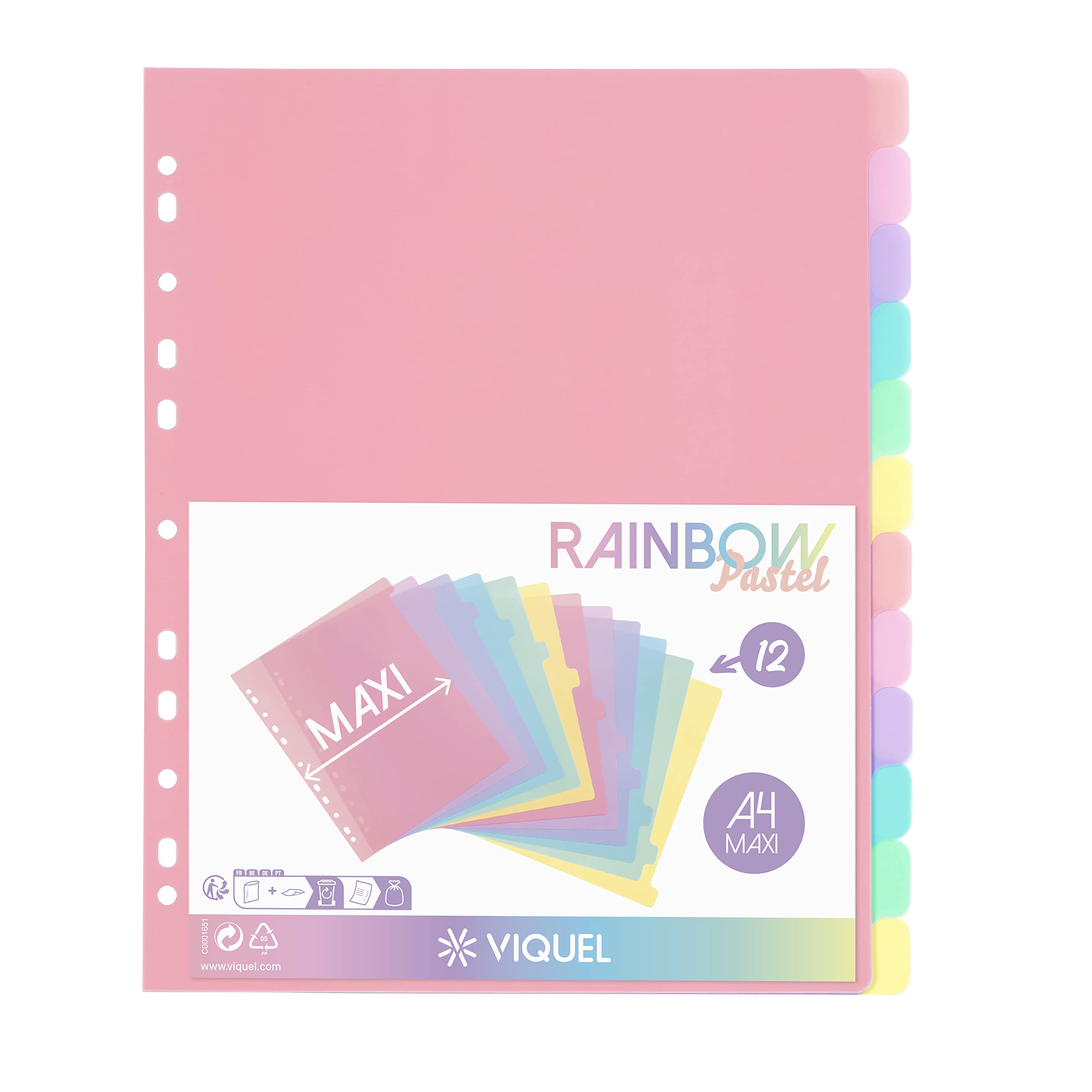 Viquel - Pack of 12 Plastic Rainbow Pastel Dividers - Maxi Format (24.5 x 30.5 cm) - for A4 Maxi Format or Lever Arch File - Pastel Colours