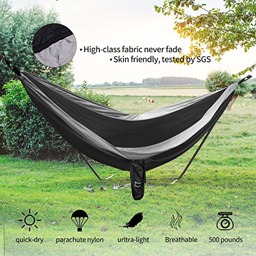 HODGSON Camping Hammock Single & Double Hammock with Heavy Duty 14 Loops Hammock Tree Straps & Air Pillow, Portable Parachute Nylon Hammock for Backpacking, Travel, 118” x 78” (Black/Gray)