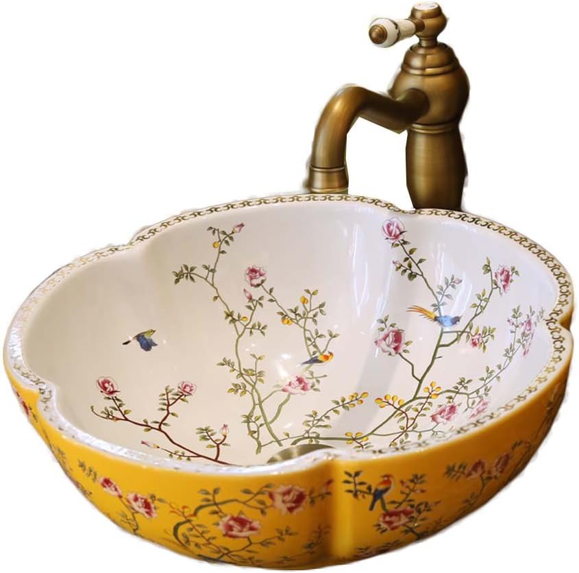 WINZSC Jingdezhen Ceramic New Above Counter Basin Wash Basin Art Basin Basin Wash Basin Golden Flower Bird LO620455 (Color : Sink With Faucet)