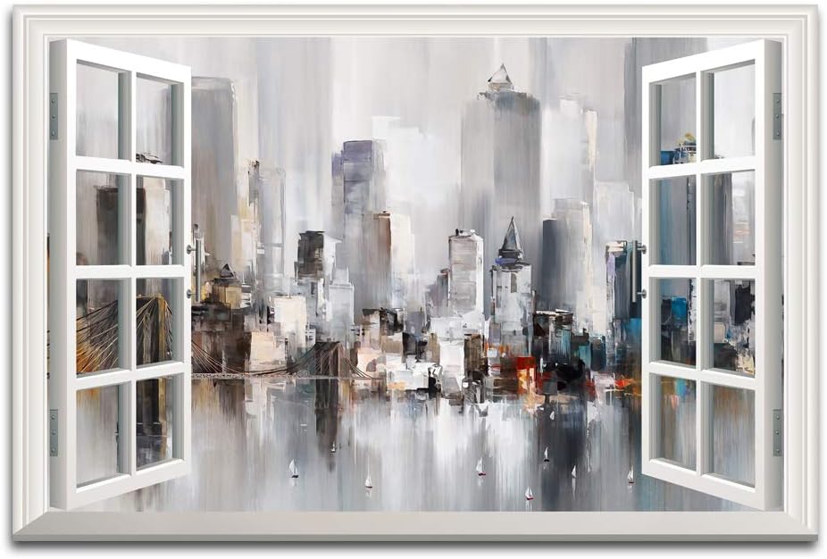 Window Frame Style Abstract Urban Landscape Canvas Wall Art New York Modern City Painting Decor Painting Living Room Office Poster Can be Hung - 36