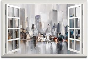 Window Frame Style Abstract Urban Landscape Canvas Wall Art New York Modern City Painting Decor Painting Living Room Office Poster Can be Hung - 36