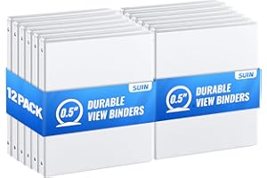 SUIN Basic 3 Ring Binder -1 or 1/2'' Binders with Roung Ring Binder, Large 100/200 Sheet Capacity, Fit 8.5" x 11" US Letter Size Paper, 12 Pack White (0.5'' White - 12 Packs)